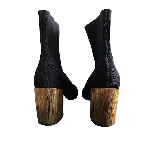 White House Black Market Black Sock Booties Gold Block Heel Neale Pull On Size 9 - Picture 5 of 9